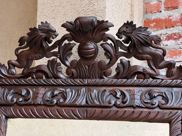 Antique French Pier Wall Mirror Renaissance Black Forest Lion Crest Carved Oak