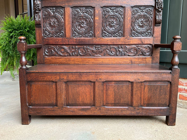 19th century French Hall Bench Settle Renaissance Carved Oak Cherub Black Forest
