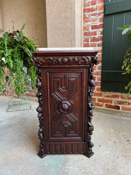 19th century French Louis XIII Cabinet Pedestal Table White Marble Carved Oak