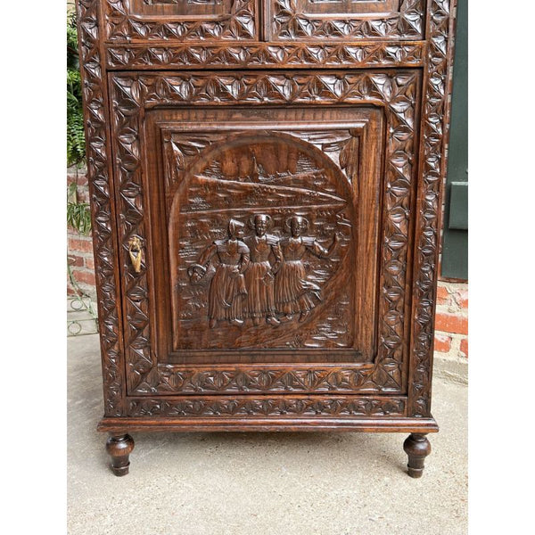 Antique French Carved Chestnut Cabinet Bonnetiere Armoire Breton Brittany