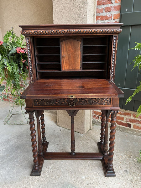 19th century French Carved Secretary Petite Writing Desk Barley Twist Louis XIII