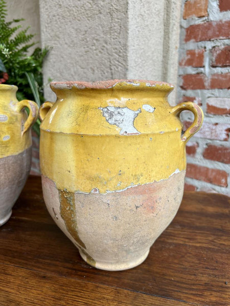 19th century PAIR Set 2 French Confit Pot Yellow Glazed Pottery Provincial