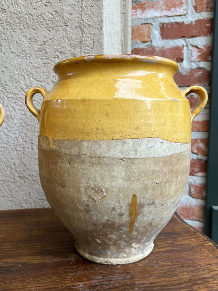 19th century PAIR Set 2 French Confit Pot Yellow Glazed Pottery Provincial