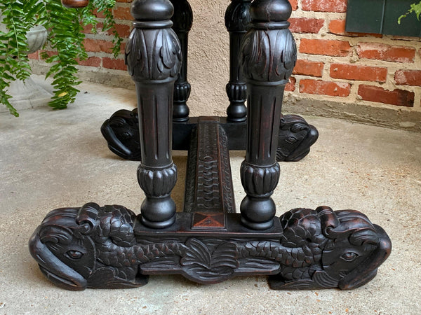 Antique Petite French Carved Oak Dolphin Table Desk Renaissance Gothic 19th c