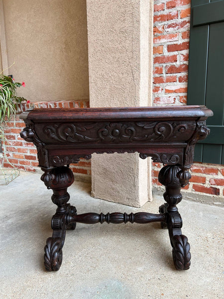 19th century Petite English Sofa Table Library Desk Renaissance Carved Oak