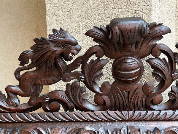 Antique French Pier Wall Mirror Renaissance Black Forest Lion Crest Carved Oak