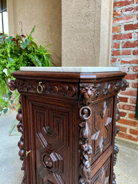 19th century French Louis XIII Cabinet Pedestal Table White Marble Carved Oak
