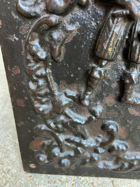 Antique English Fireback Cast Iron Hearth Panel Kitchen Backsplash Floral Music