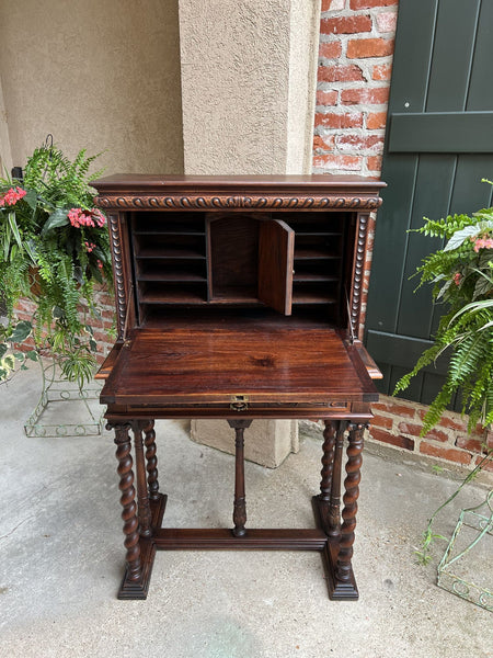 19th century French Carved Secretary Petite Writing Desk Barley Twist Louis XIII
