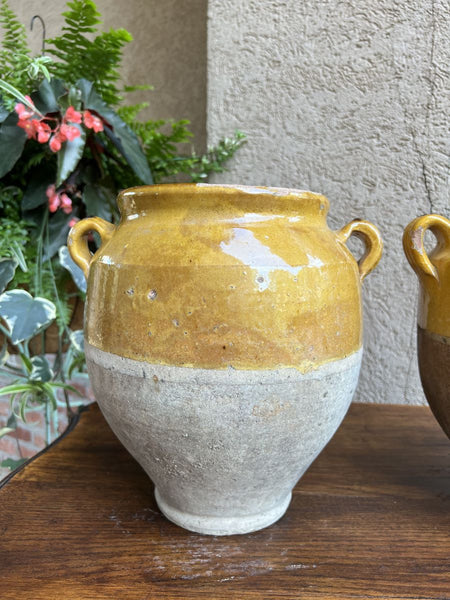 19th century PAIR Set 2 French Confit Pot Yellow Glazed Pottery Provincial