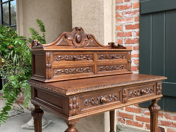 19th century Petite French Carved Oak Secretary Writing Desk Louis XVI Style