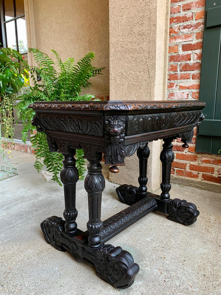 Antique Petite French Carved Oak Dolphin Table Desk Renaissance Gothic 19th c