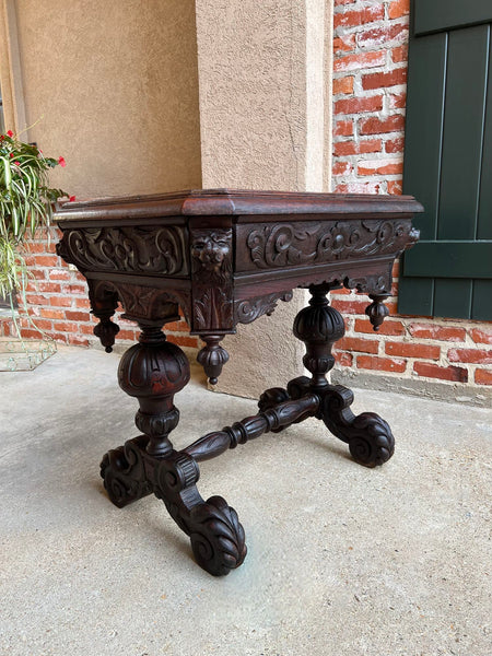 19th century Petite English Sofa Table Library Desk Renaissance Carved Oak