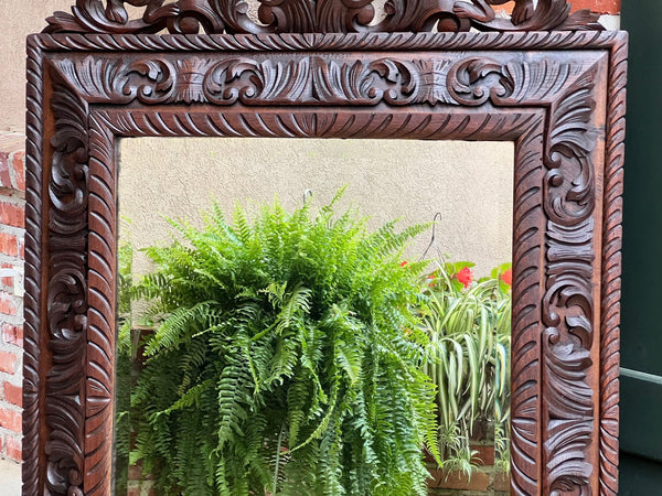 Antique French Pier Wall Mirror Renaissance Black Forest Lion Crest Carved Oak