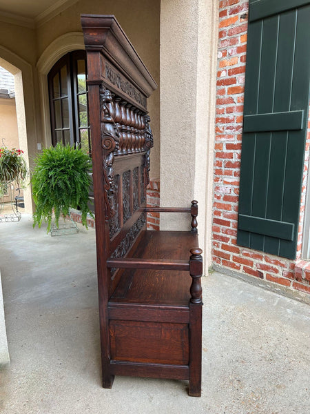 19th century French Hall Bench Settle Renaissance Carved Oak Cherub Black Forest