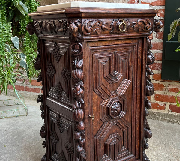 19th century French Louis XIII Cabinet Pedestal Table White Marble Carved Oak