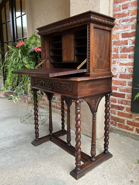 19th century French Carved Secretary Petite Writing Desk Barley Twist Louis XIII
