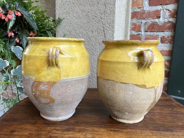 19th century PAIR Set 2 French Confit Pot Yellow Glazed Pottery Provincial