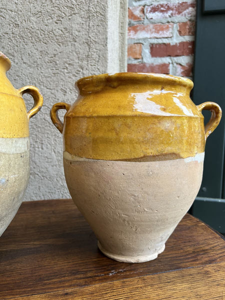 19th century PAIR Set 2 French Confit Pot Yellow Glazed Pottery Provincial