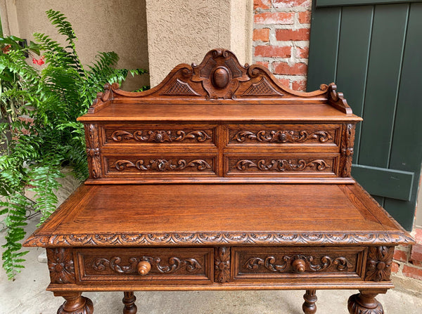 19th century Petite French Carved Oak Secretary Writing Desk Louis XVI Style