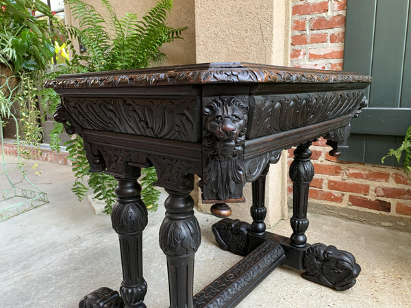 Antique Petite French Carved Oak Dolphin Table Desk Renaissance Gothic 19th c