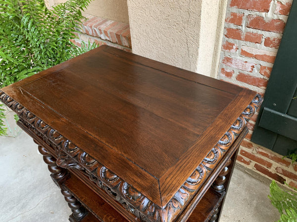 Antique French Carved Oak Petite Bookcase Server Barley Twist Display Louis XIII