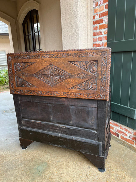 19th century Antique English Trunk Coffer Blanket Chest Carved Oak Foyer Table
