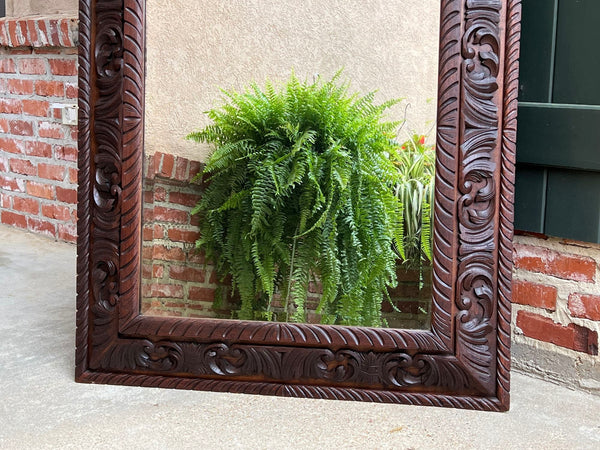 Antique French Pier Wall Mirror Renaissance Black Forest Lion Crest Carved Oak