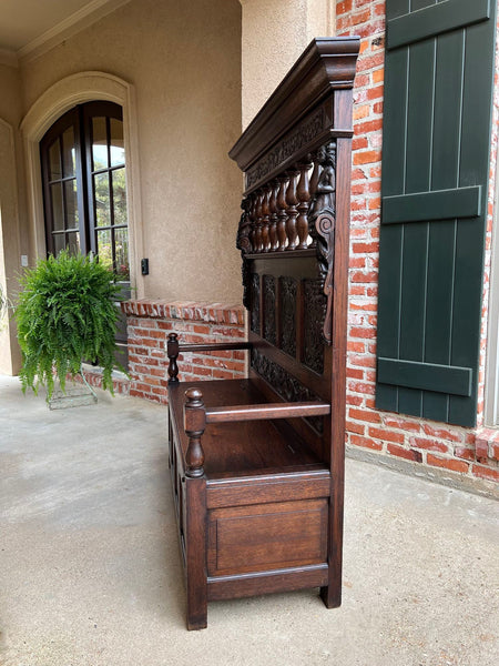 19th century French Hall Bench Settle Renaissance Carved Oak Cherub Black Forest