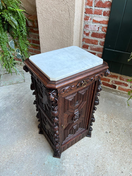 19th century French Louis XIII Cabinet Pedestal Table White Marble Carved Oak