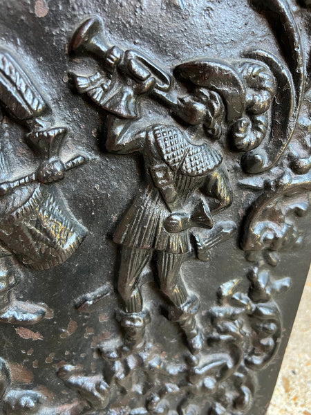 Antique English Fireback Cast Iron Hearth Panel Kitchen Backsplash Floral Music