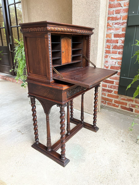 19th century French Carved Secretary Petite Writing Desk Barley Twist Louis XIII