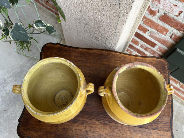19th century PAIR Set 2 French Confit Pot Yellow Glazed Pottery Provincial