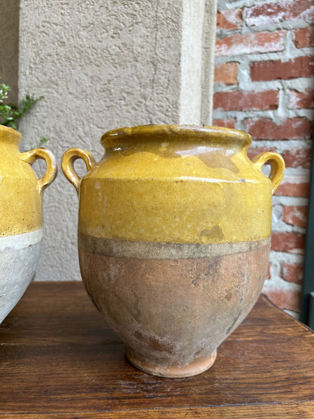 19th century PAIR Set 2 French Confit Pot Yellow Glazed Pottery Provincial