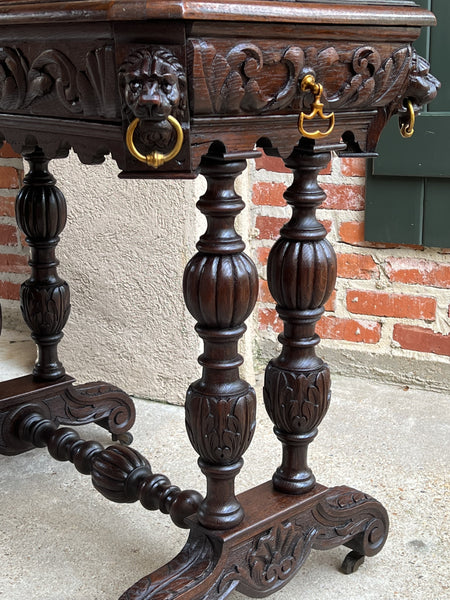19th century French Carved Oak Dolphin Library Table Petite Desk Renaissance