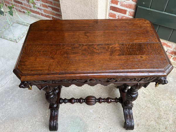 19th century French Carved Oak Dolphin Library Table Petite Desk Renaissance