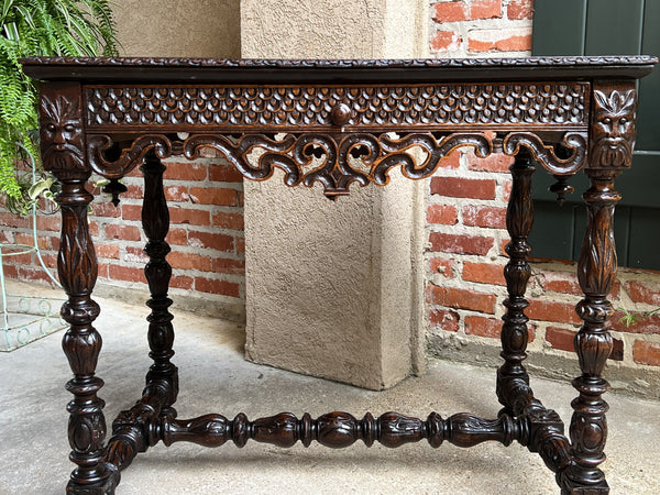19th century French Breton Carved Oak Sofa Table Writing Library Desk Louis XIV