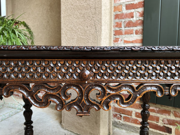 19th century French Breton Carved Oak Sofa Table Writing Library Desk Louis XIV