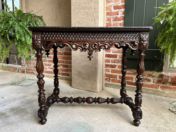 19th century French Breton Carved Oak Sofa Table Writing Library Desk Louis XIV
