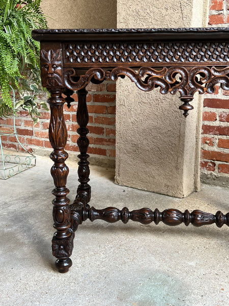 19th century French Breton Carved Oak Sofa Table Writing Library Desk Louis XIV