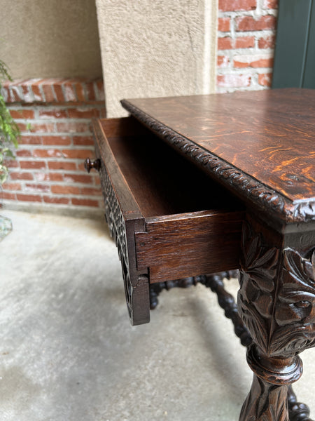 19th century French Breton Carved Oak Sofa Table Writing Library Desk Louis XIV