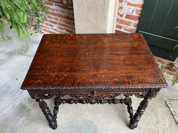 19th century French Breton Carved Oak Sofa Table Writing Library Desk Louis XIV