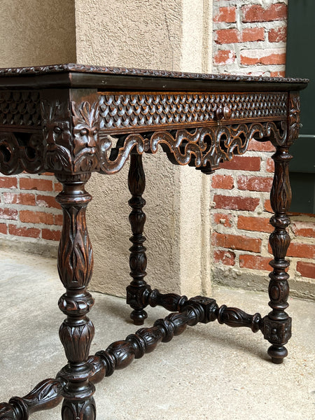 19th century French Breton Carved Oak Sofa Table Writing Library Desk Louis XIV