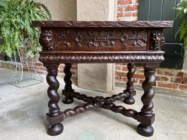 19th century Antique French Square Sofa Table Carved Oak Barley Twist Louis XIII