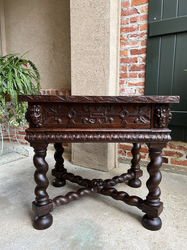 19th century Antique French Square Sofa Table Carved Oak Barley Twist Louis XIII