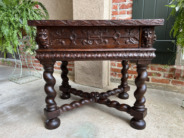 19th century Antique French Square Sofa Table Carved Oak Barley Twist Louis XIII