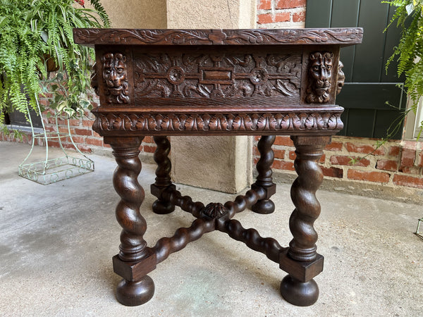 19th century Antique French Square Sofa Table Carved Oak Barley Twist Louis XIII