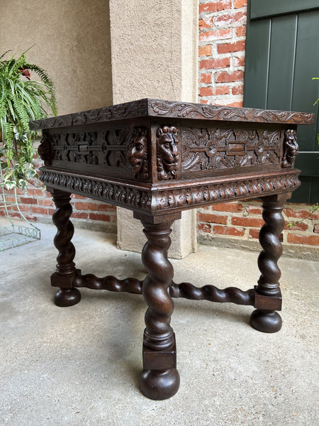 19th century Antique French Square Sofa Table Carved Oak Barley Twist Louis XIII