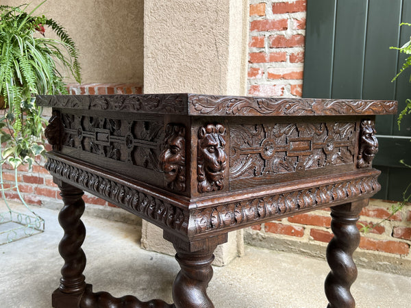 19th century Antique French Square Sofa Table Carved Oak Barley Twist Louis XIII
