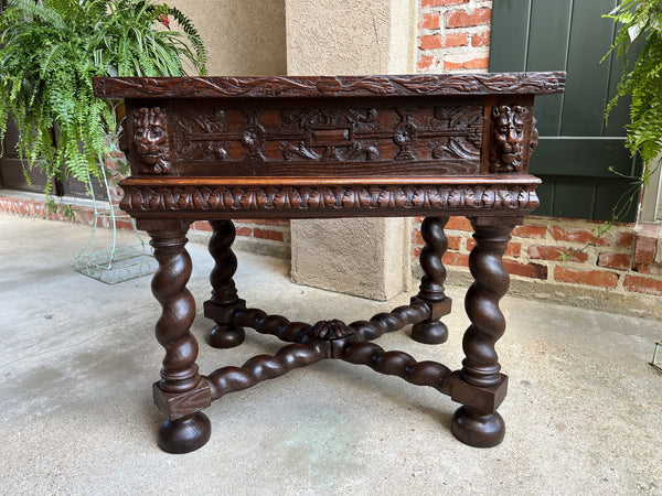 19th century Antique French Square Sofa Table Carved Oak Barley Twist Louis XIII